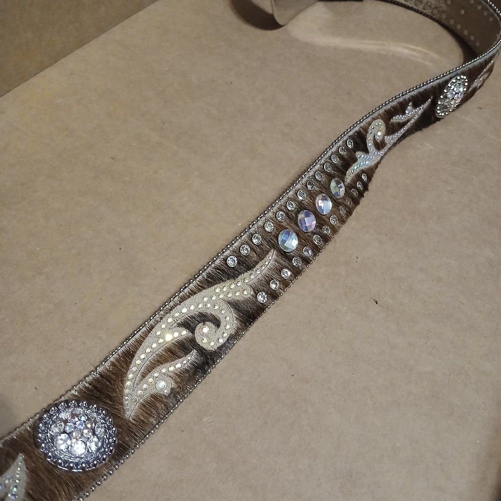 Nocona Women Hair-on Crystal Swirl Rhinestone Cowboy Belt 37" Brown Black - Picture 4 of 6